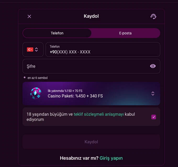 Luks Casino telefon ile kayıt ekranı