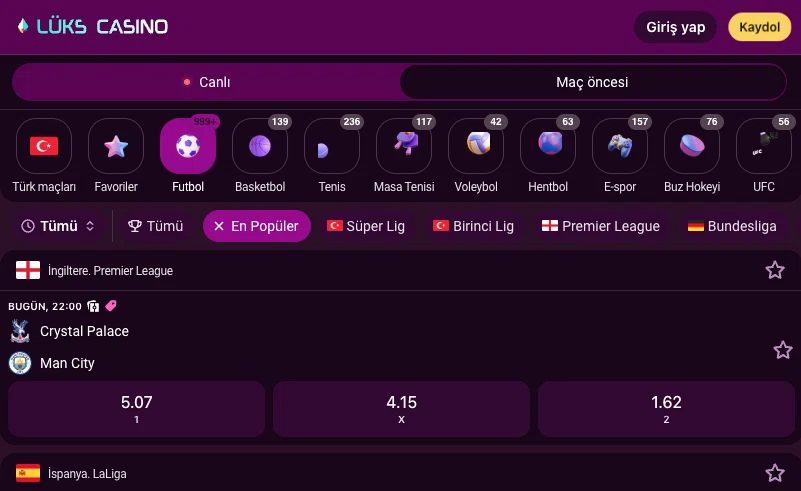 Luks Casino maç öncesi bahis ekranı görseli